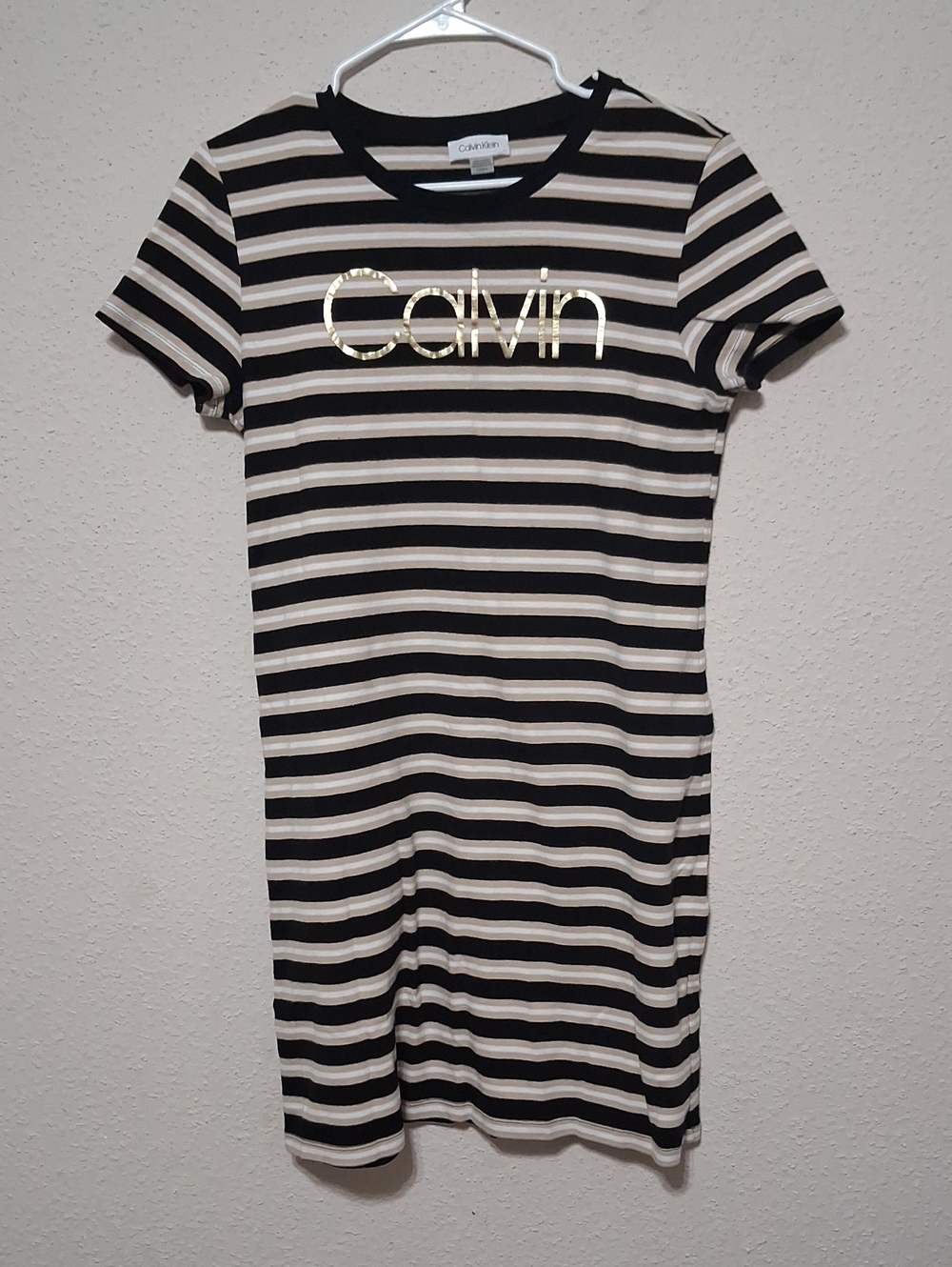 Calvin Klein Black and White Striped Tee Dress with Gold Logo Script
